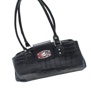 Black Crocodile Pattern Shoulder Bag with Silver Accents